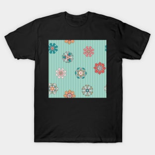 Pattern of colorful rosettes on mint green stripes T-Shirt